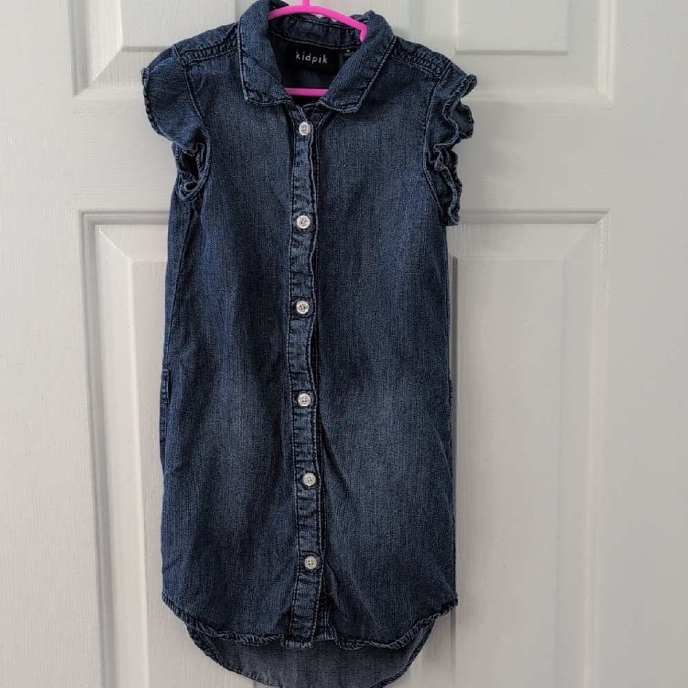 Kidpik Denim Button-Down Dress with Ruffled Sleeves